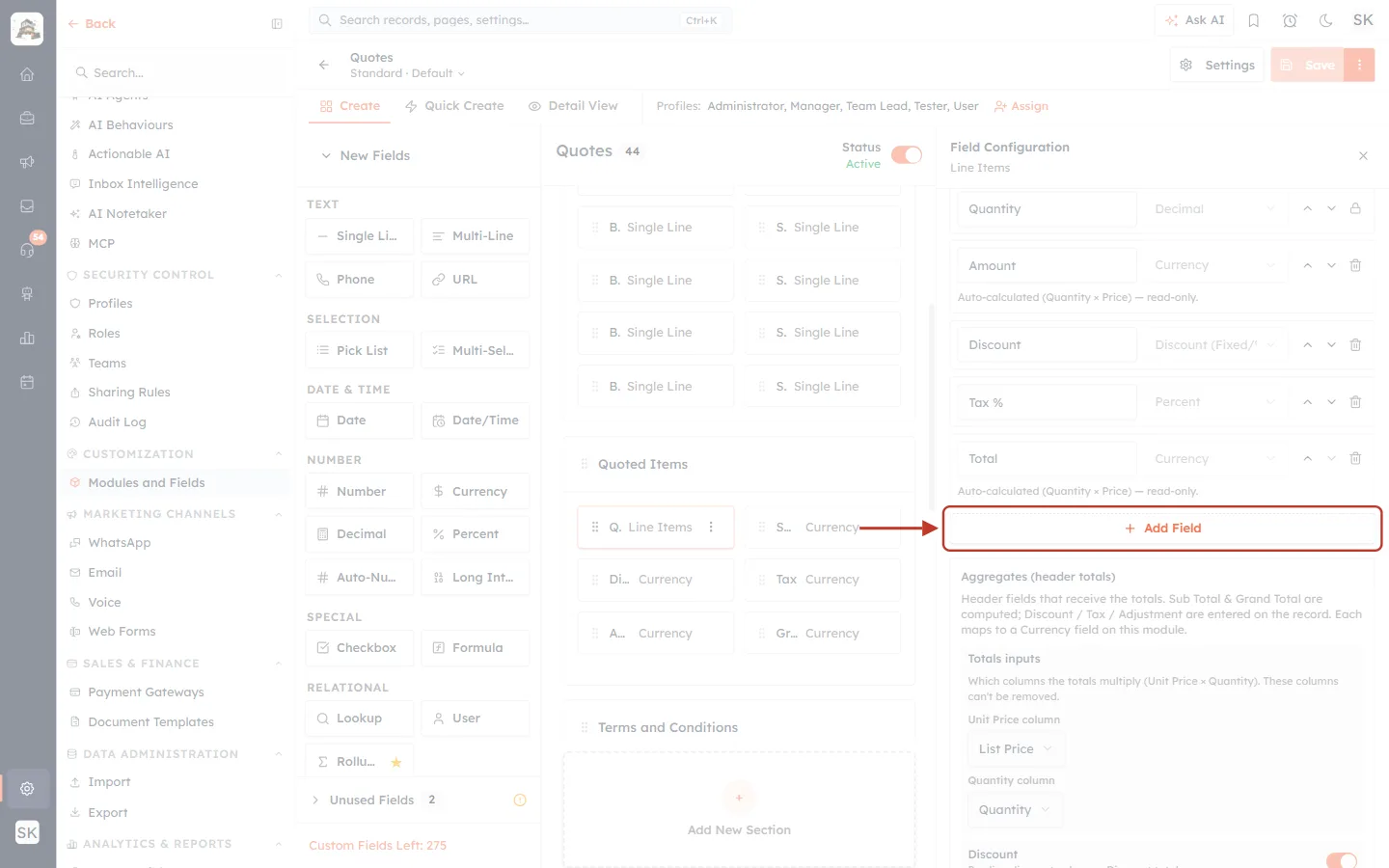 The Add Field button under the columns