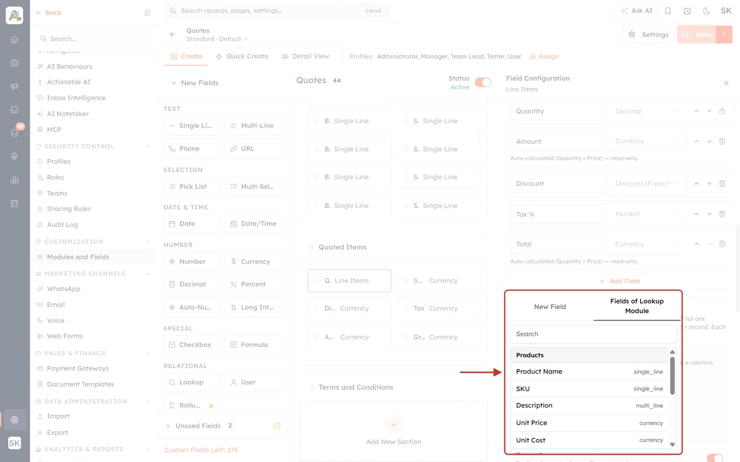 Fields of Lookup Module tab listing Products fields
