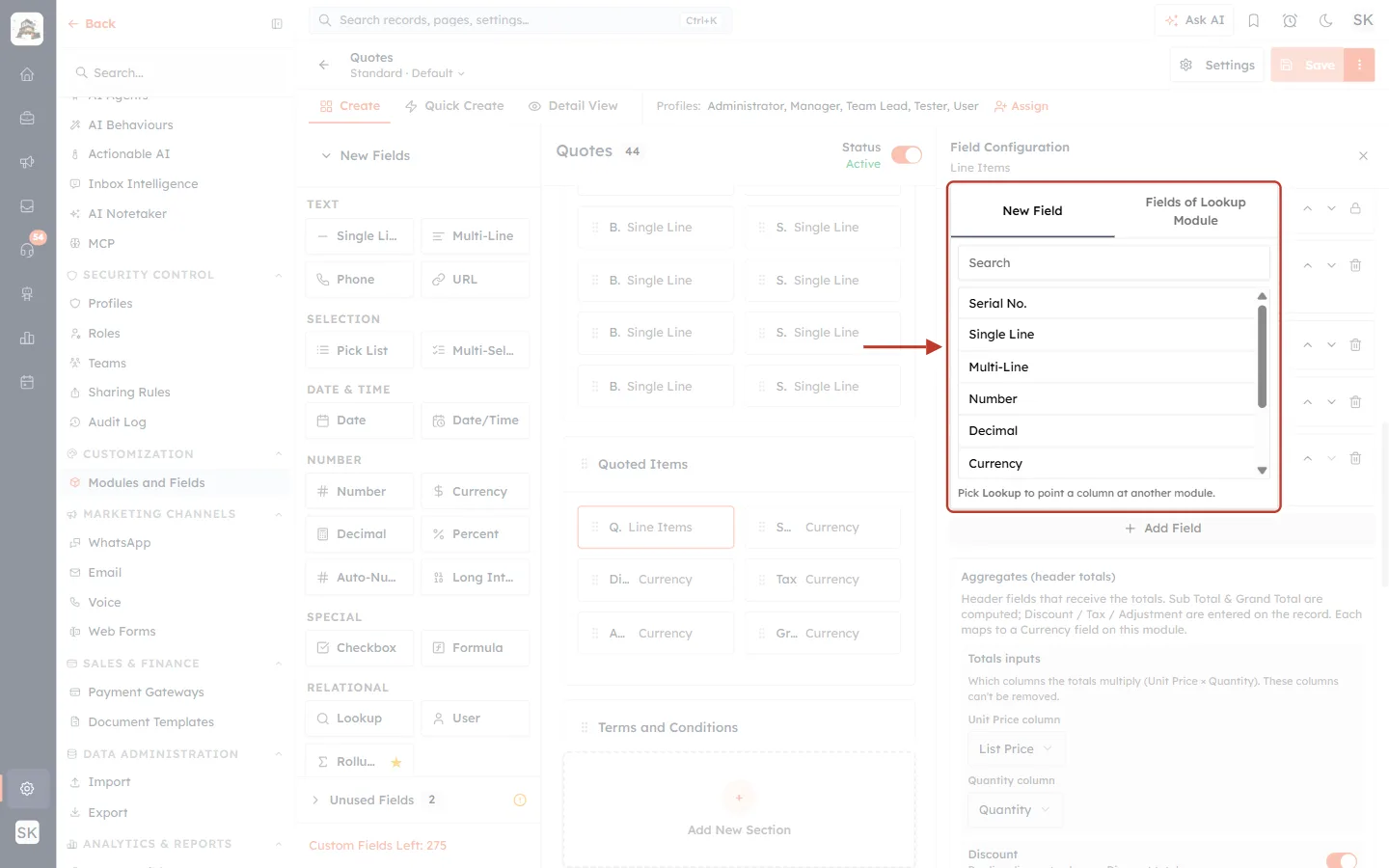 Add Field popover on the New Field tab