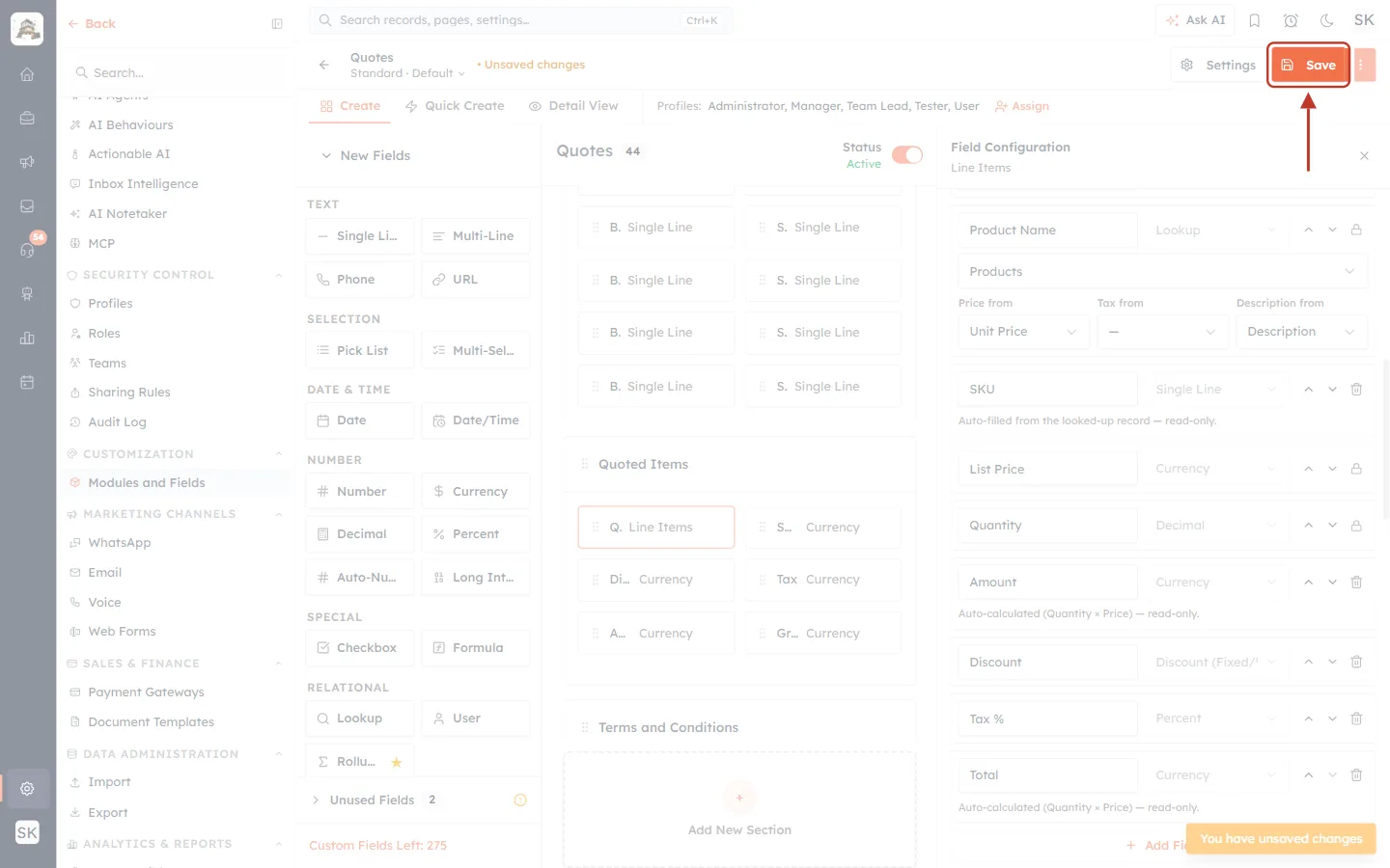 Save button in the field builder
