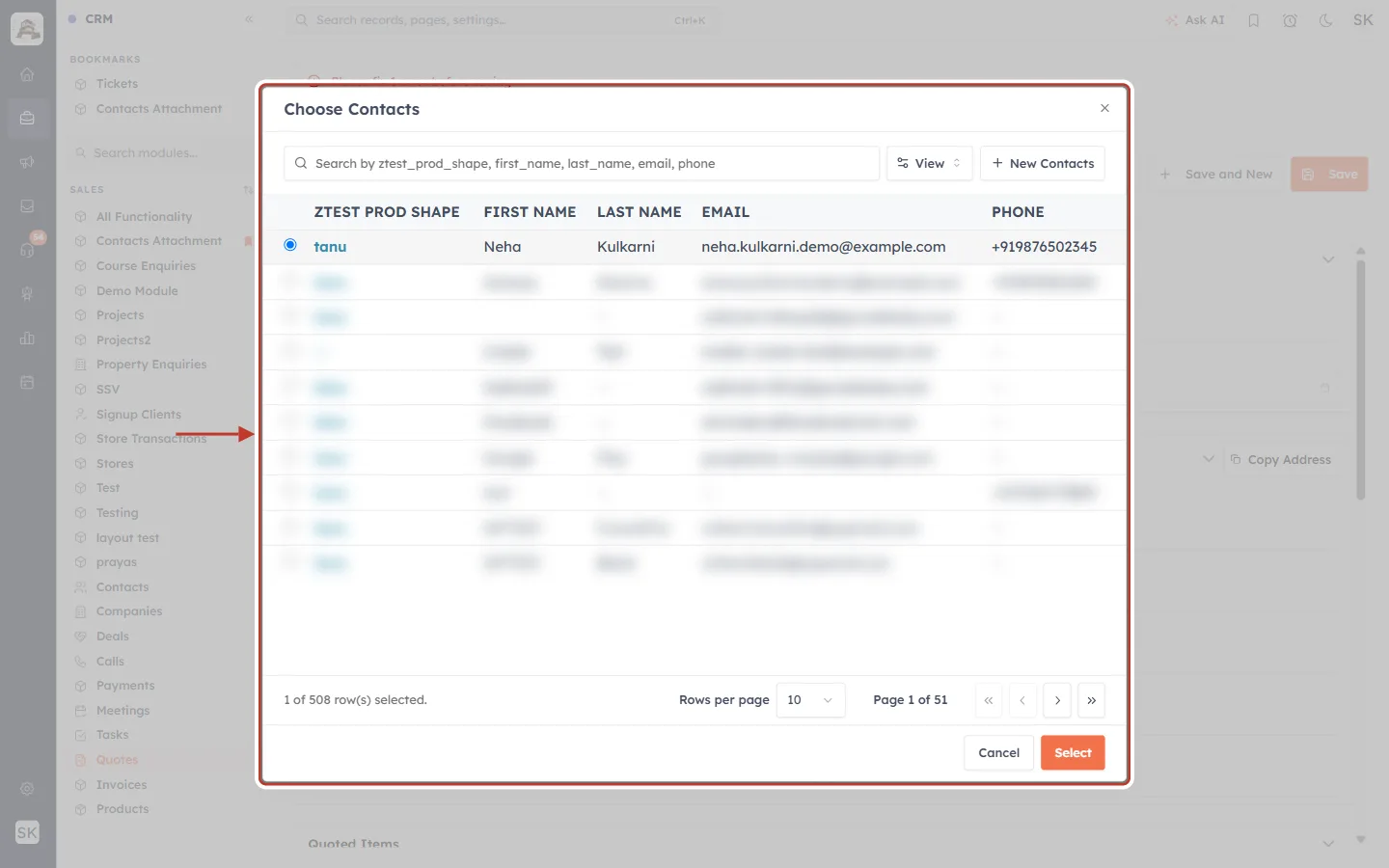 Choose Contacts dialog with Neha Kulkarni selected