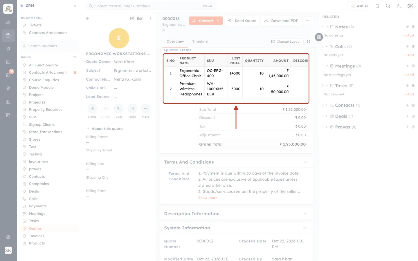 Saved Quoted Items with the SKU column