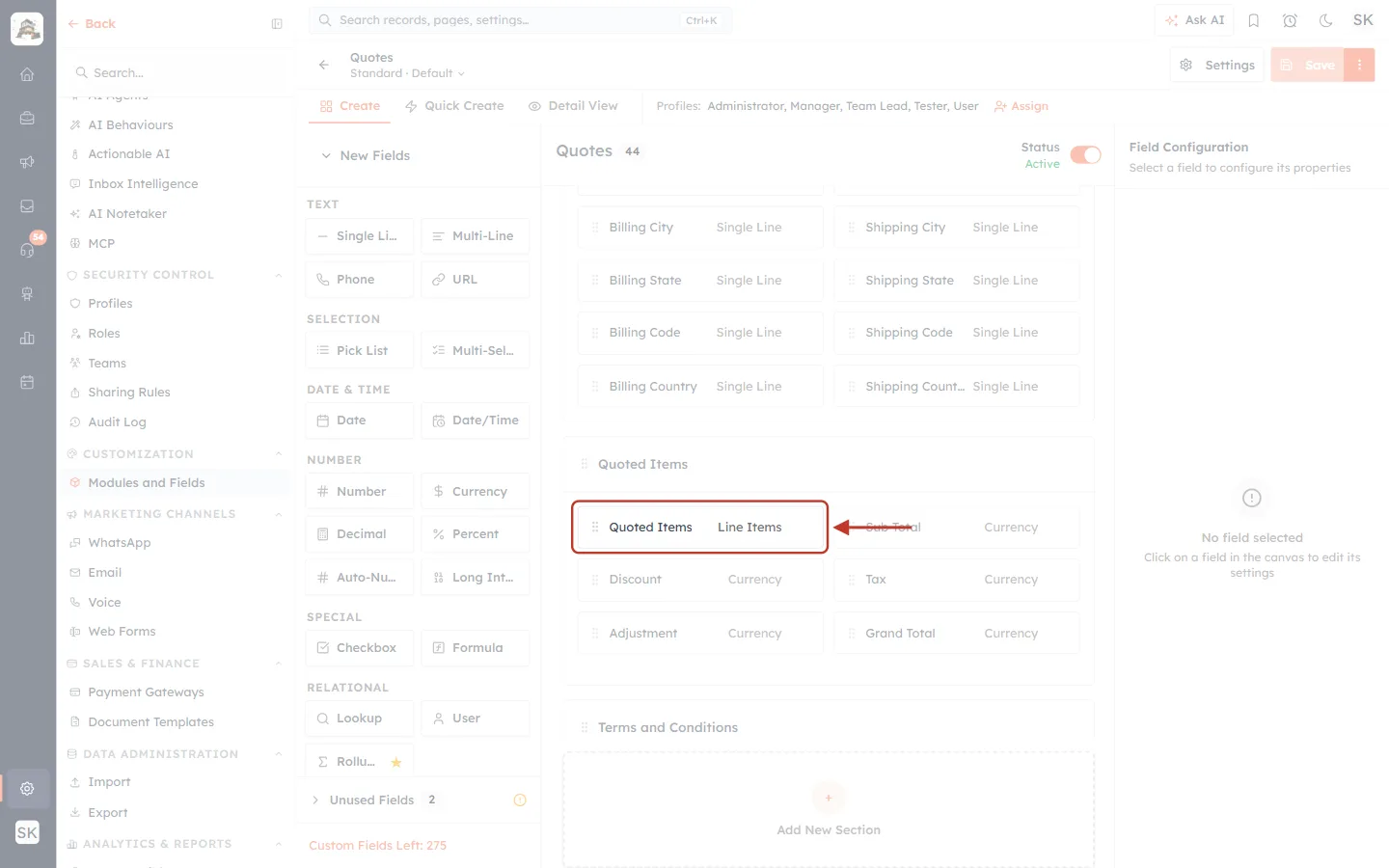 The Quoted Items line-items field in the Quotes builder
