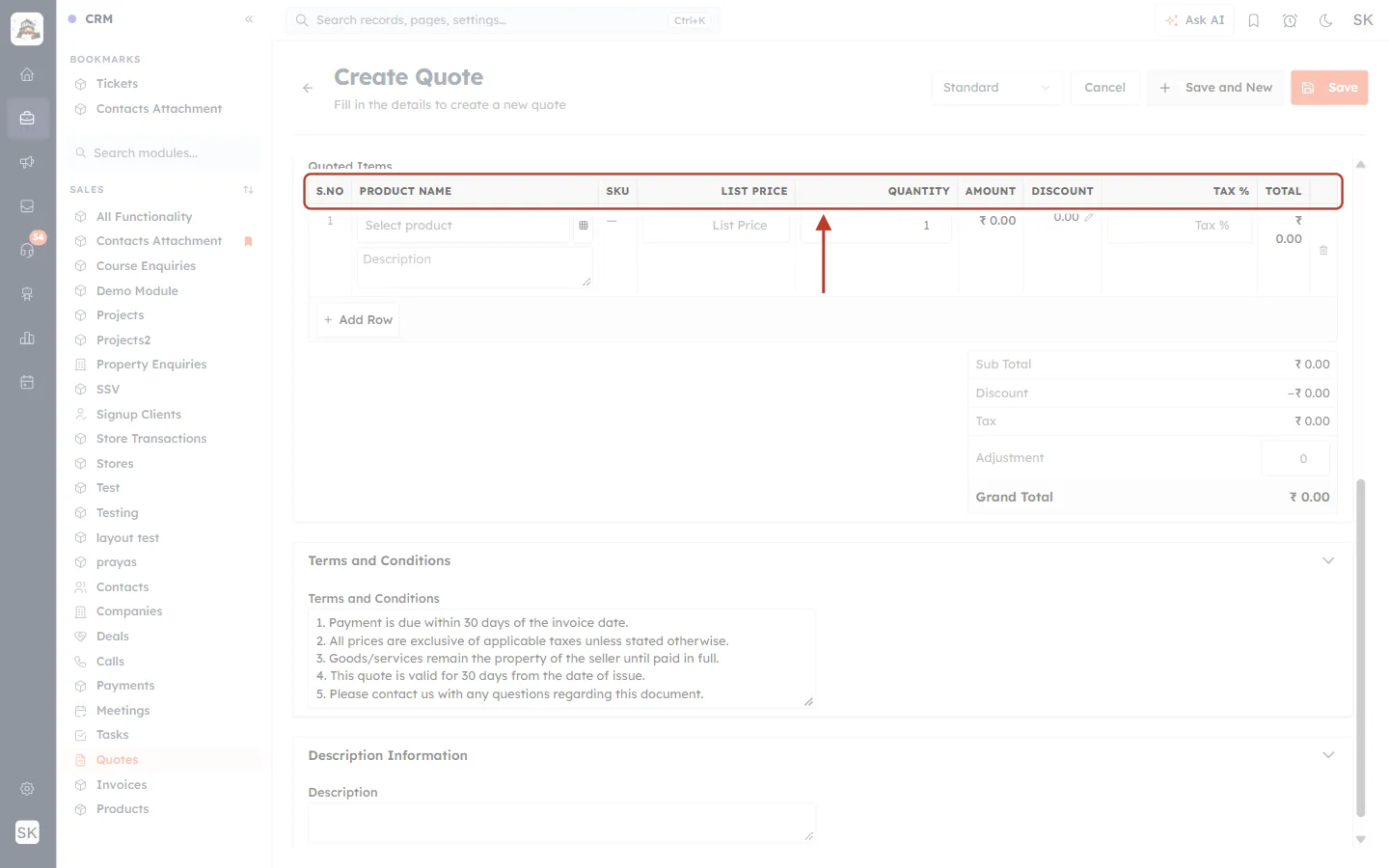 Quoted Items header with the SKU column