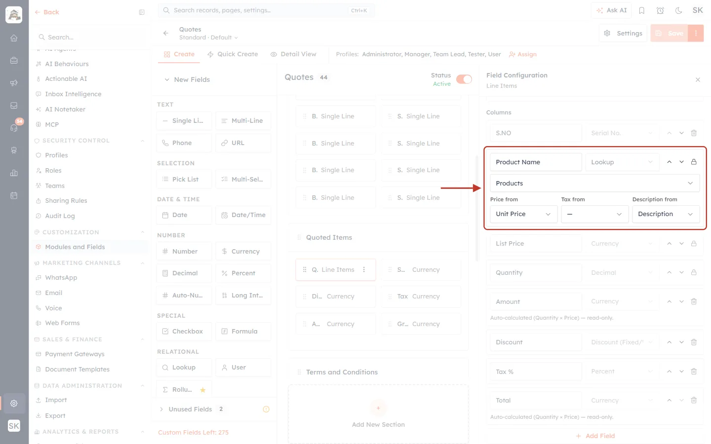The Product Name lookup column with Price from, Tax from and Description from