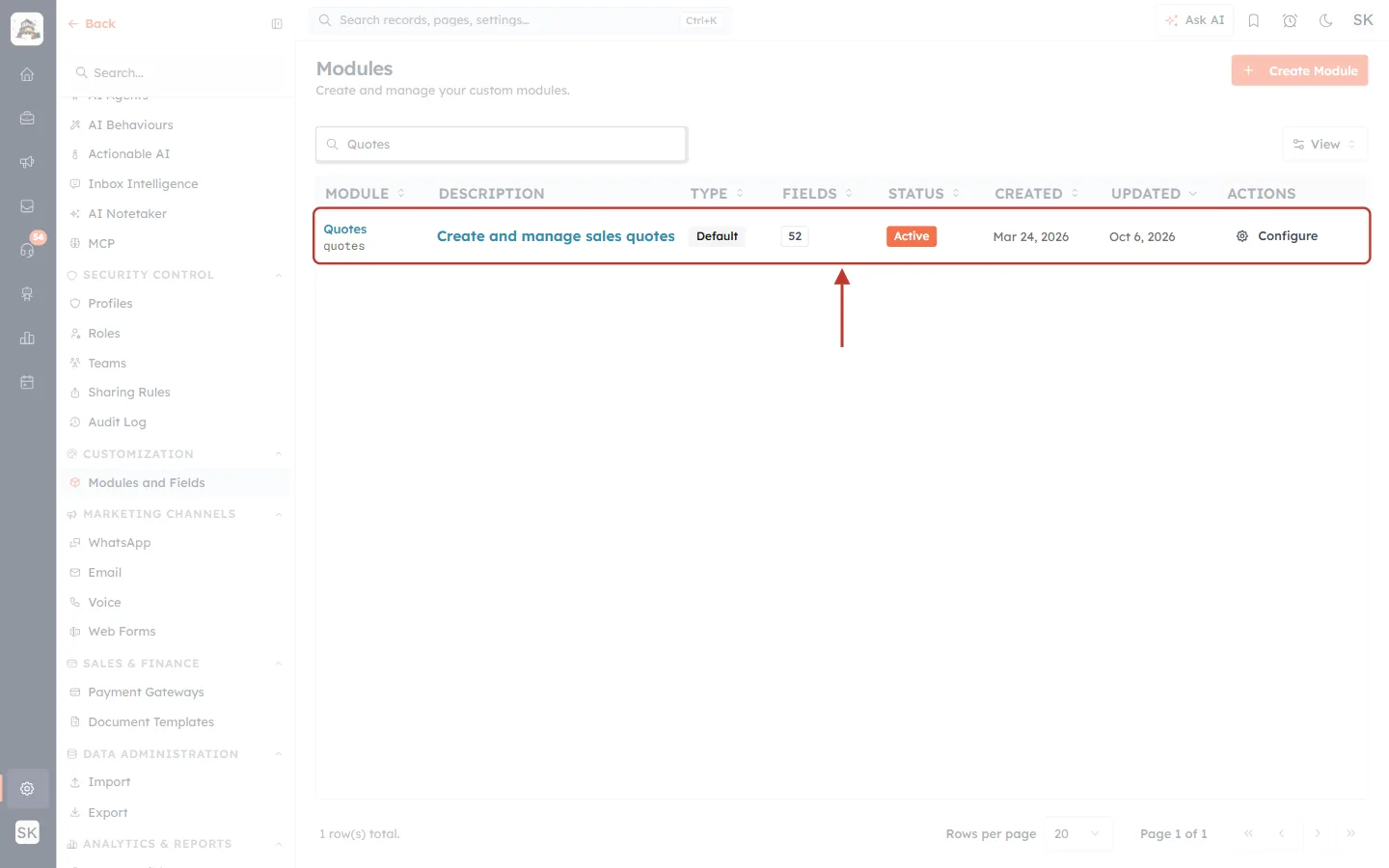 Modules list filtered to Quotes with the Configure action