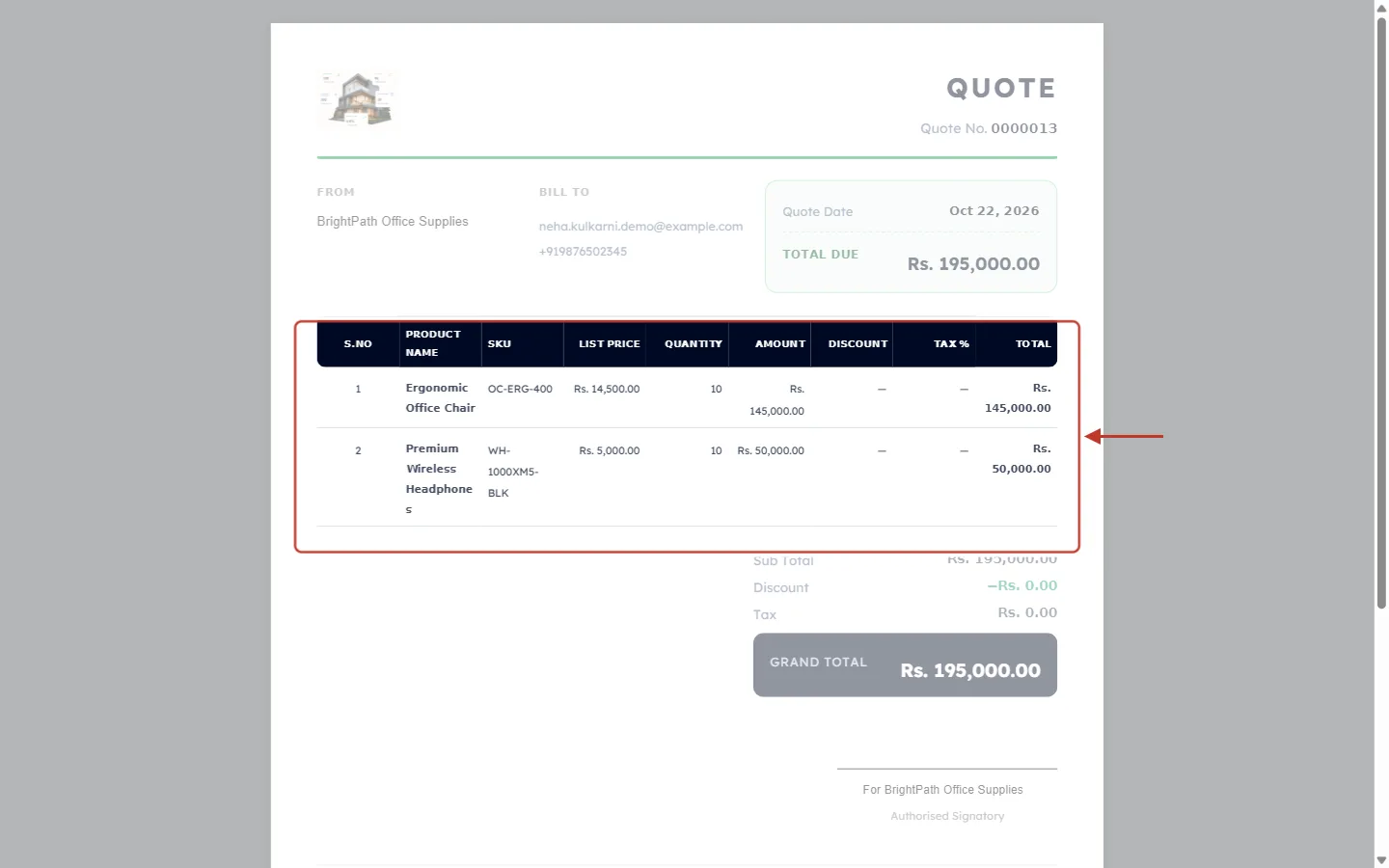 Quote PDF with the SKU column printed