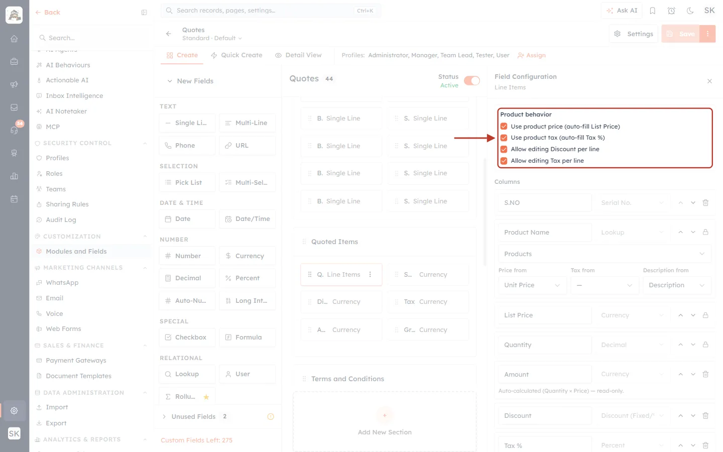 Product behavior options in the Line Items configuration