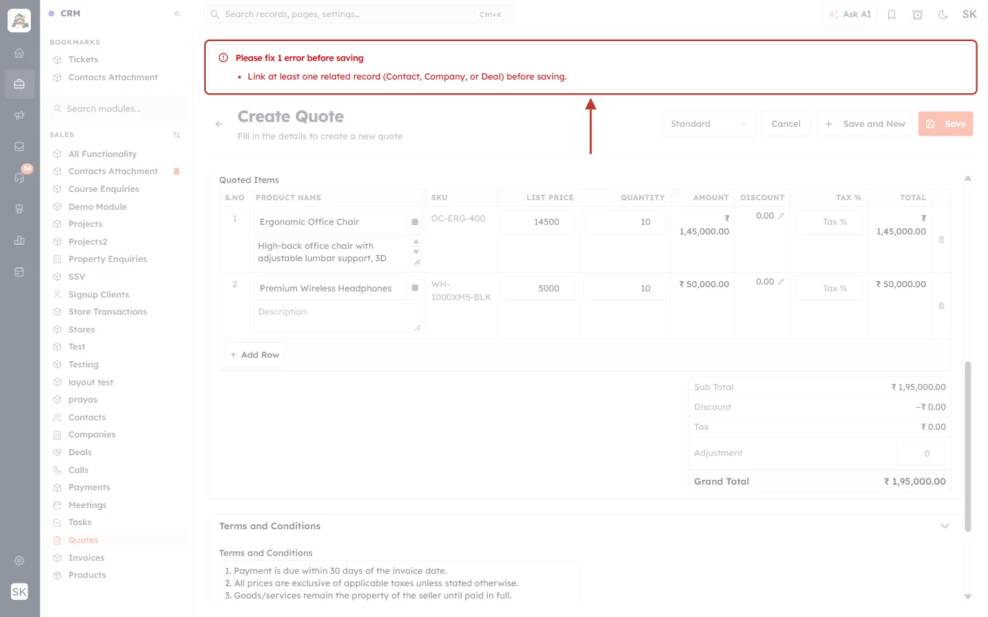 Error: Link at least one related record (Contact, Company, or Deal) before saving