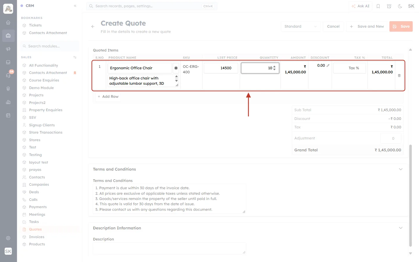 The first line with SKU OC-ERG-400 filled in automatically