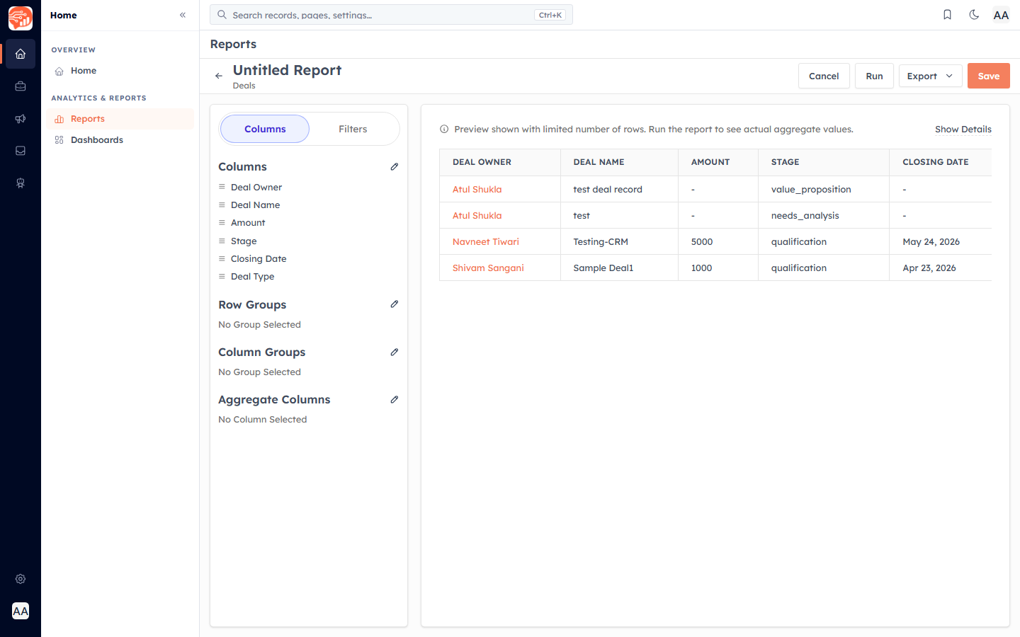 The Report Builder with the Columns panel on the left and a live preview on the right