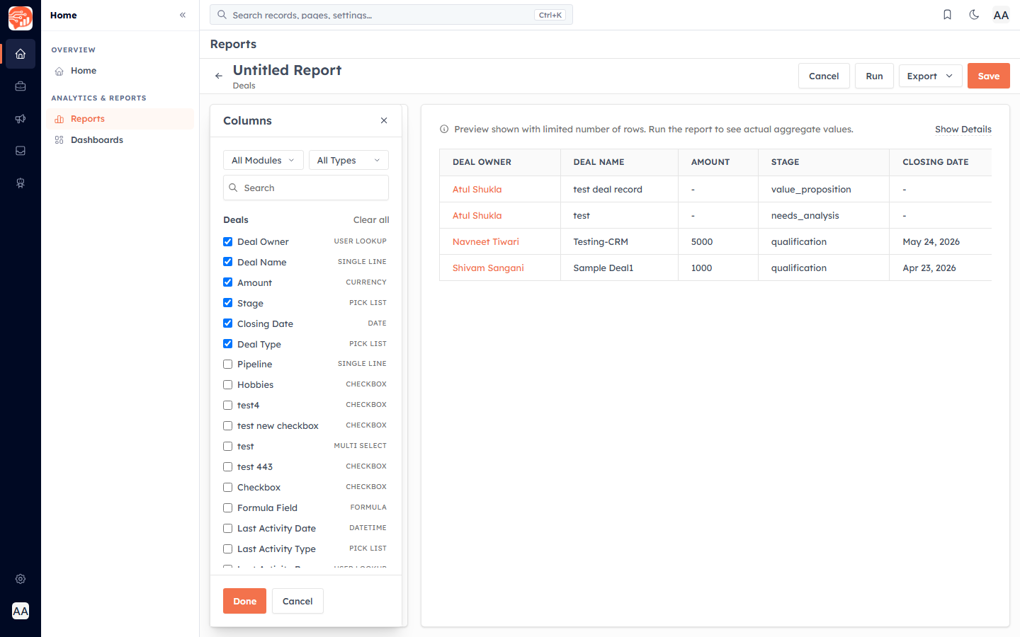 The column picker listing every field with its type