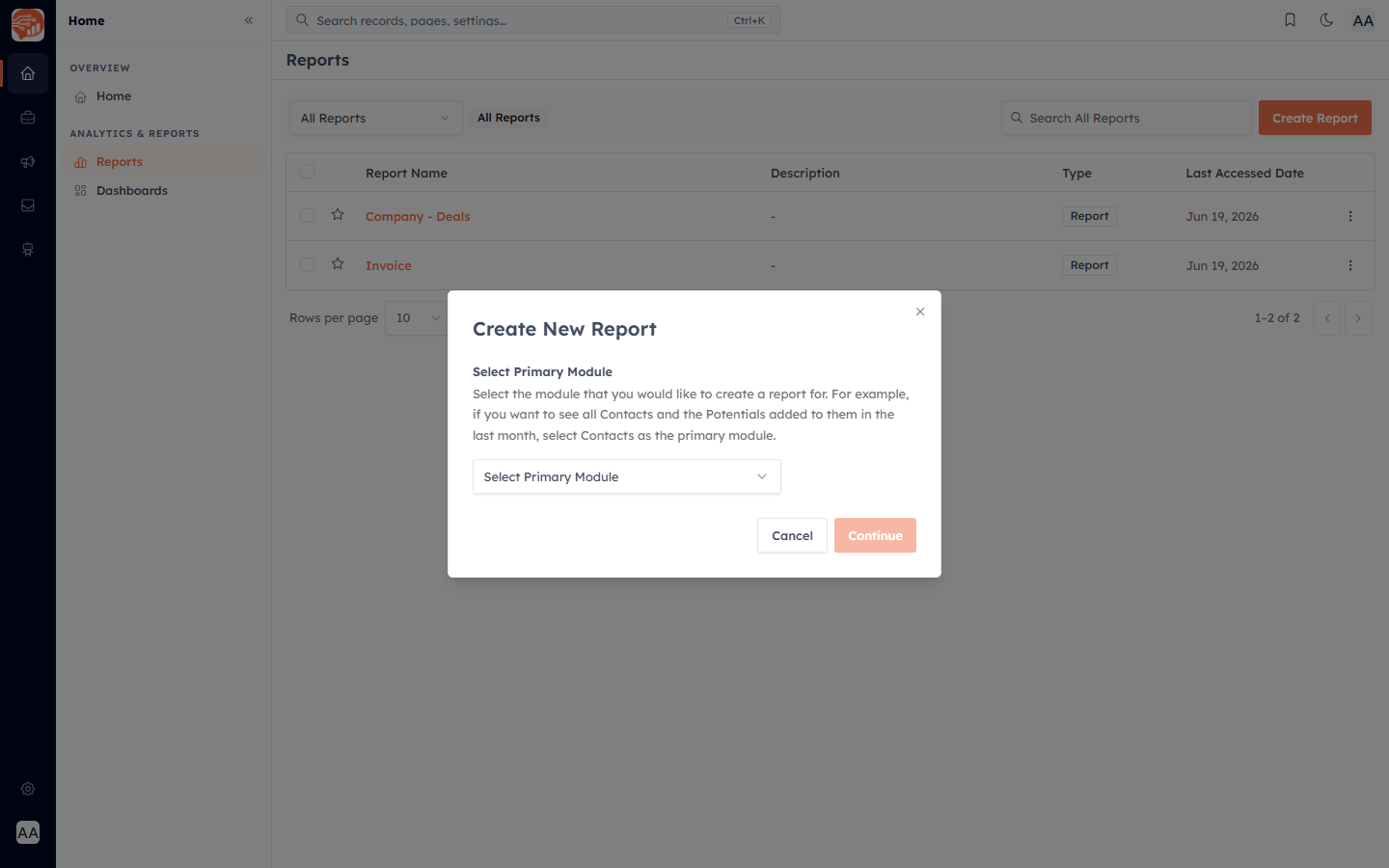 The Create New Report dialog with the Select Primary Module dropdown