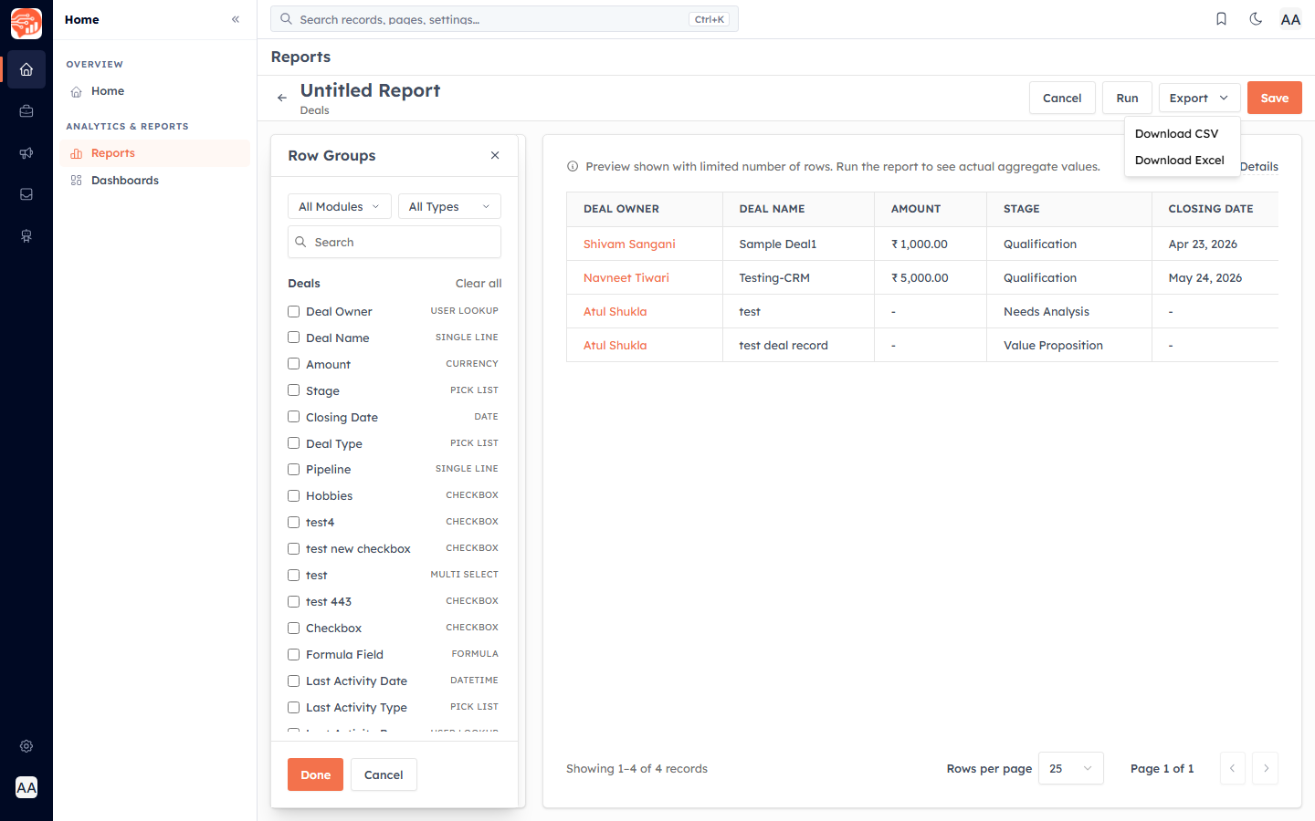The Export menu offering Download CSV and Download Excel