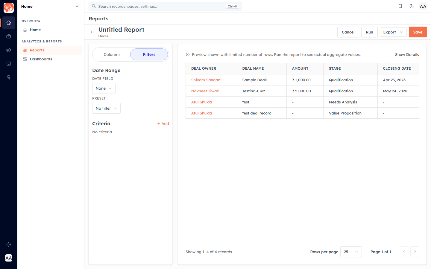 The Filters tab showing the Date Range and Criteria sections