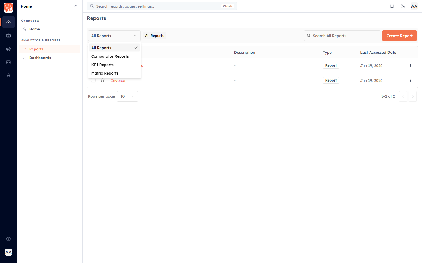 The folder dropdown for filtering reports by type