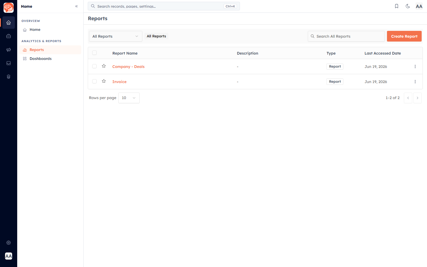 The Reports list with the Create Report button at the top right