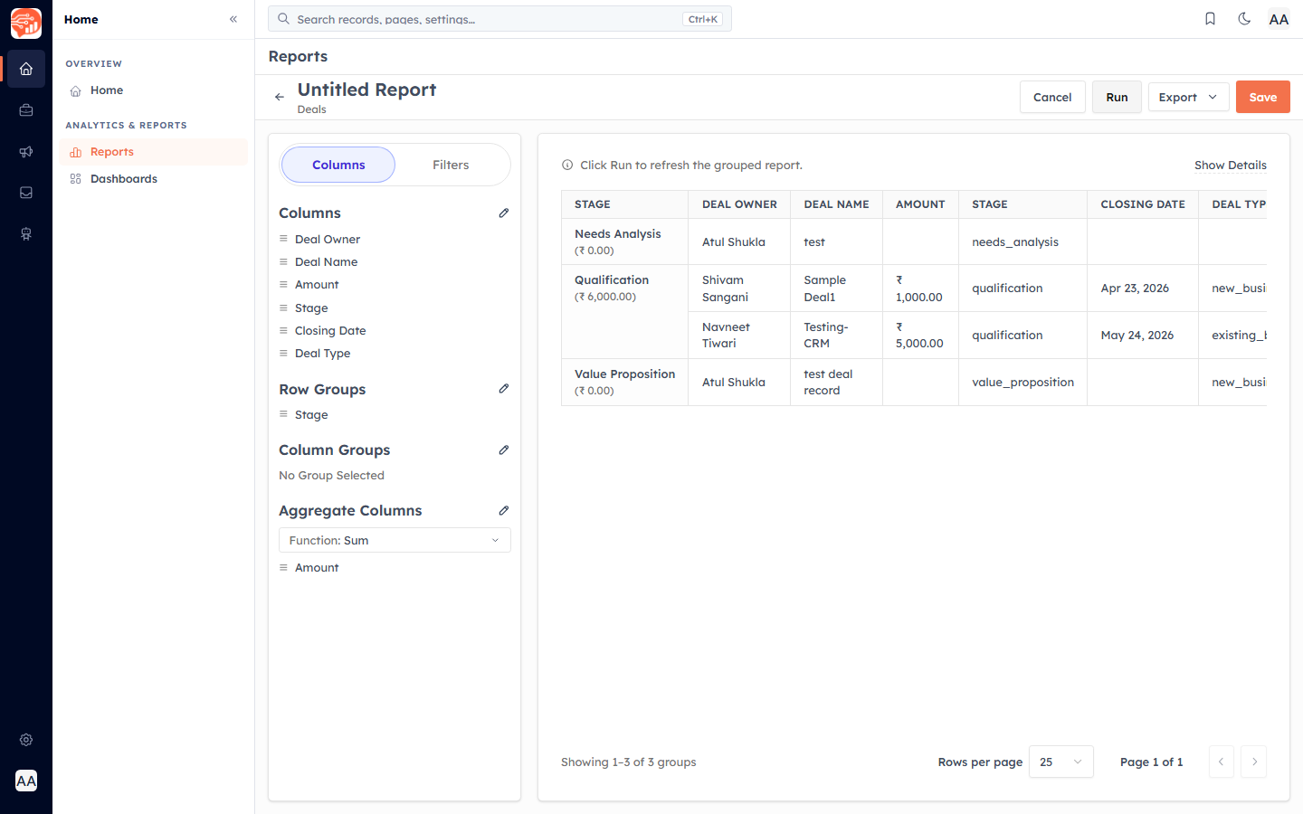 A pivot report grouped by stage, each stage showing the summed amount