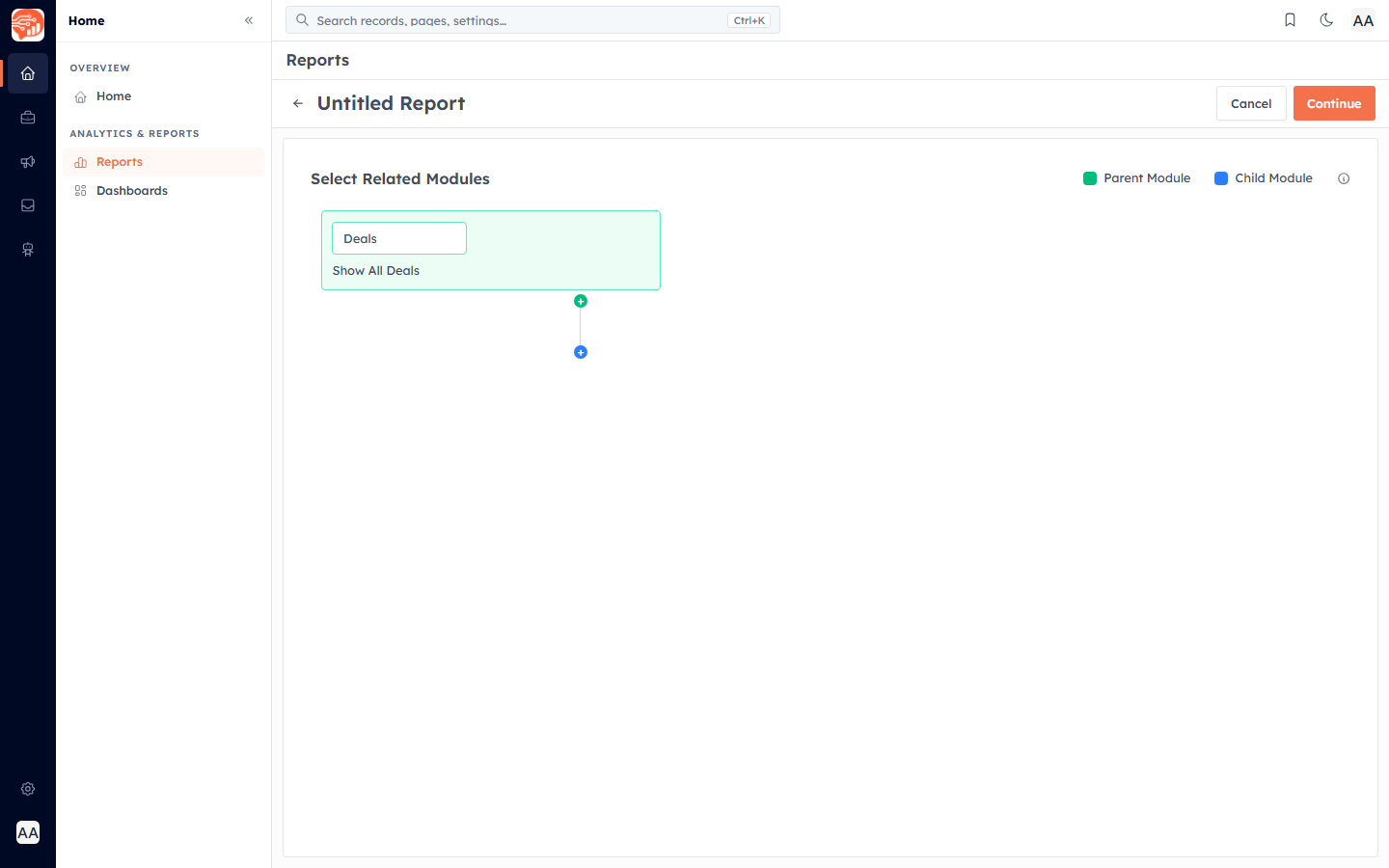 The Select Related Modules step showing the parent module and the join option