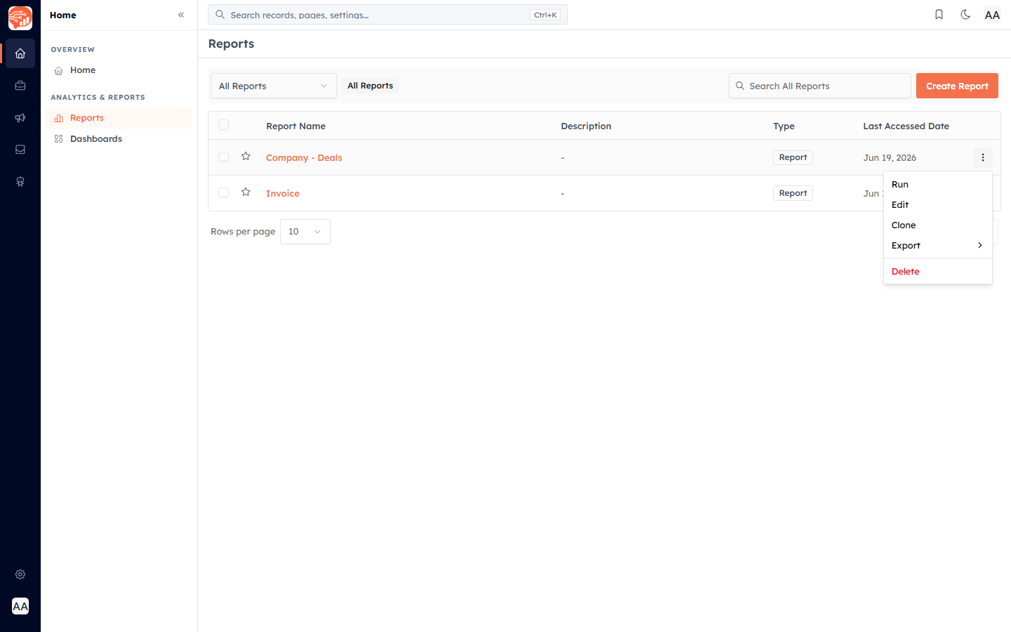 The report row menu with Run, Edit, Clone, Export and Delete