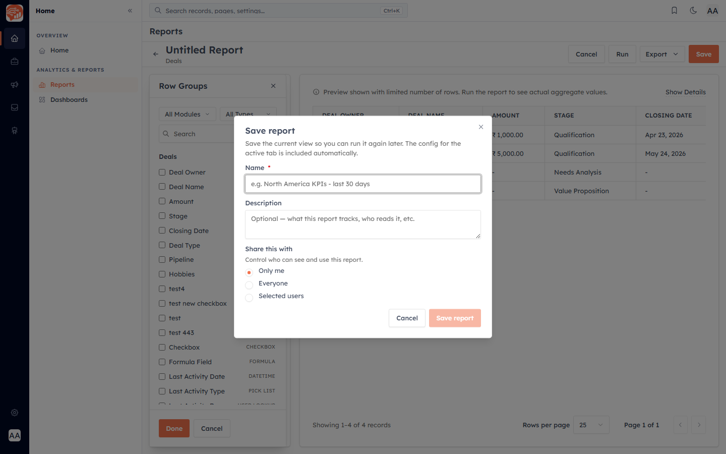The Save report dialog with name, description and sharing options