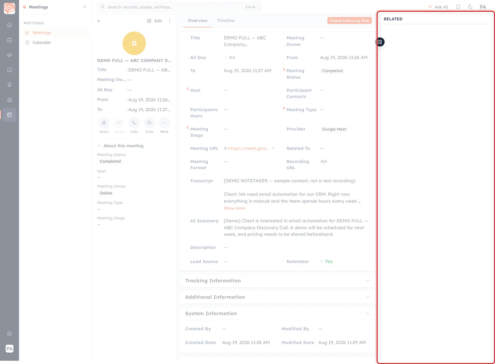 A meeting record with the Related panel highlighted