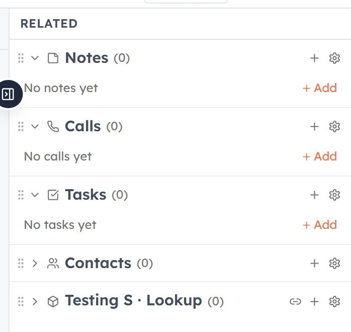 The Related panel on a meeting record — Notes, Calls, Tasks and Contacts