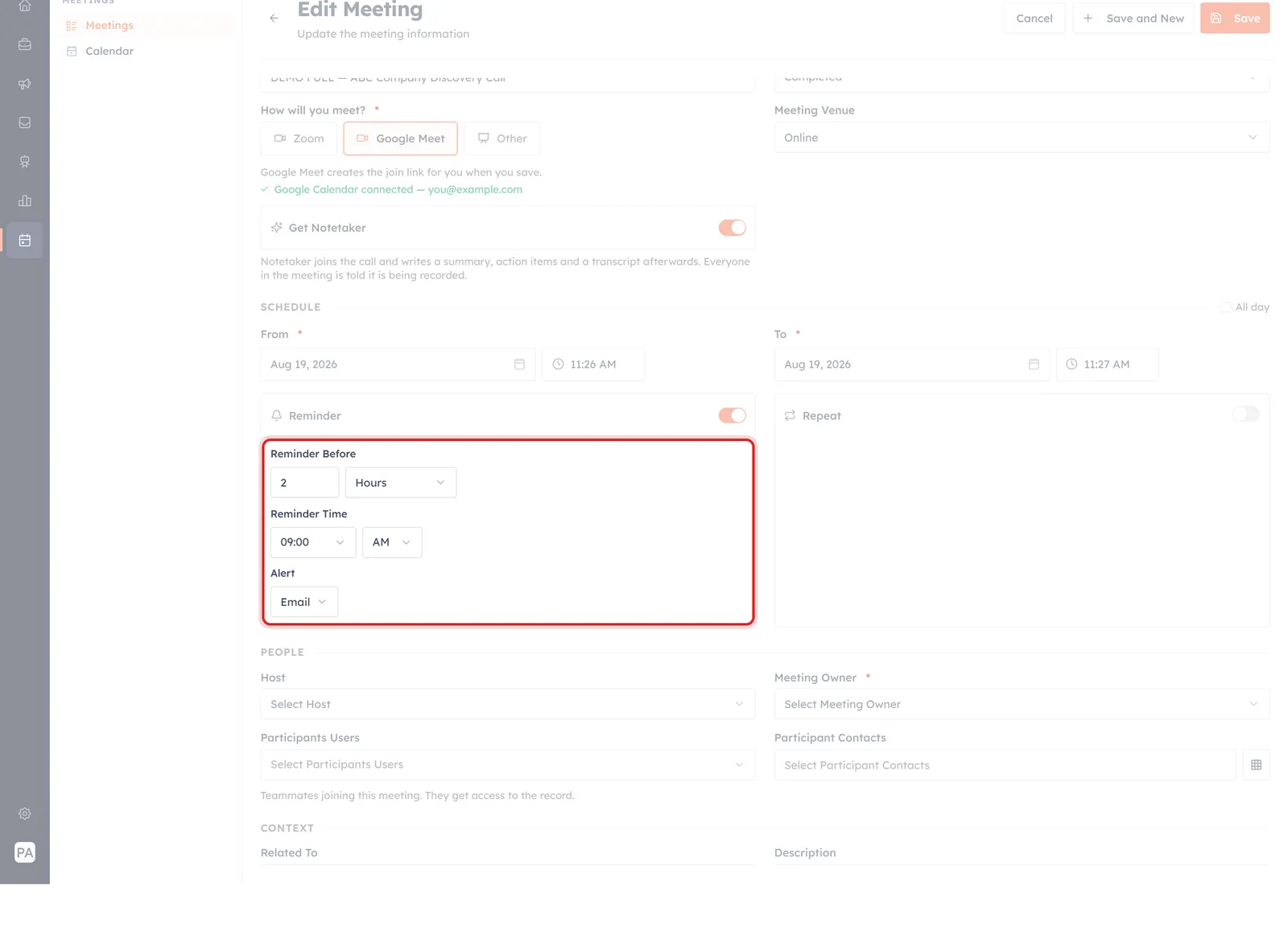 The meeting form with the Reminder fields highlighted