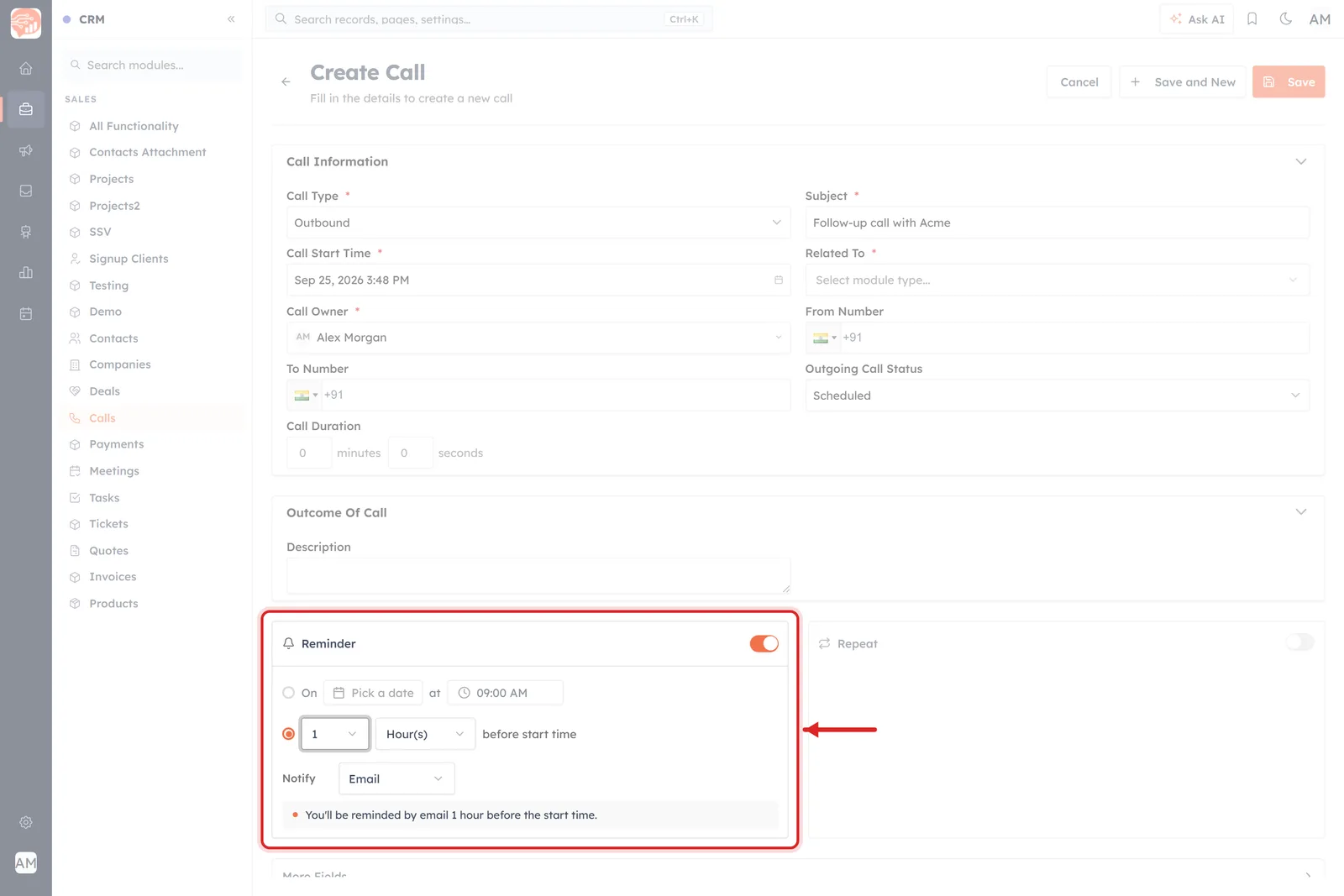The Create Call form with the Reminder panel outlined in red, set to 1 Hour(s) before start time