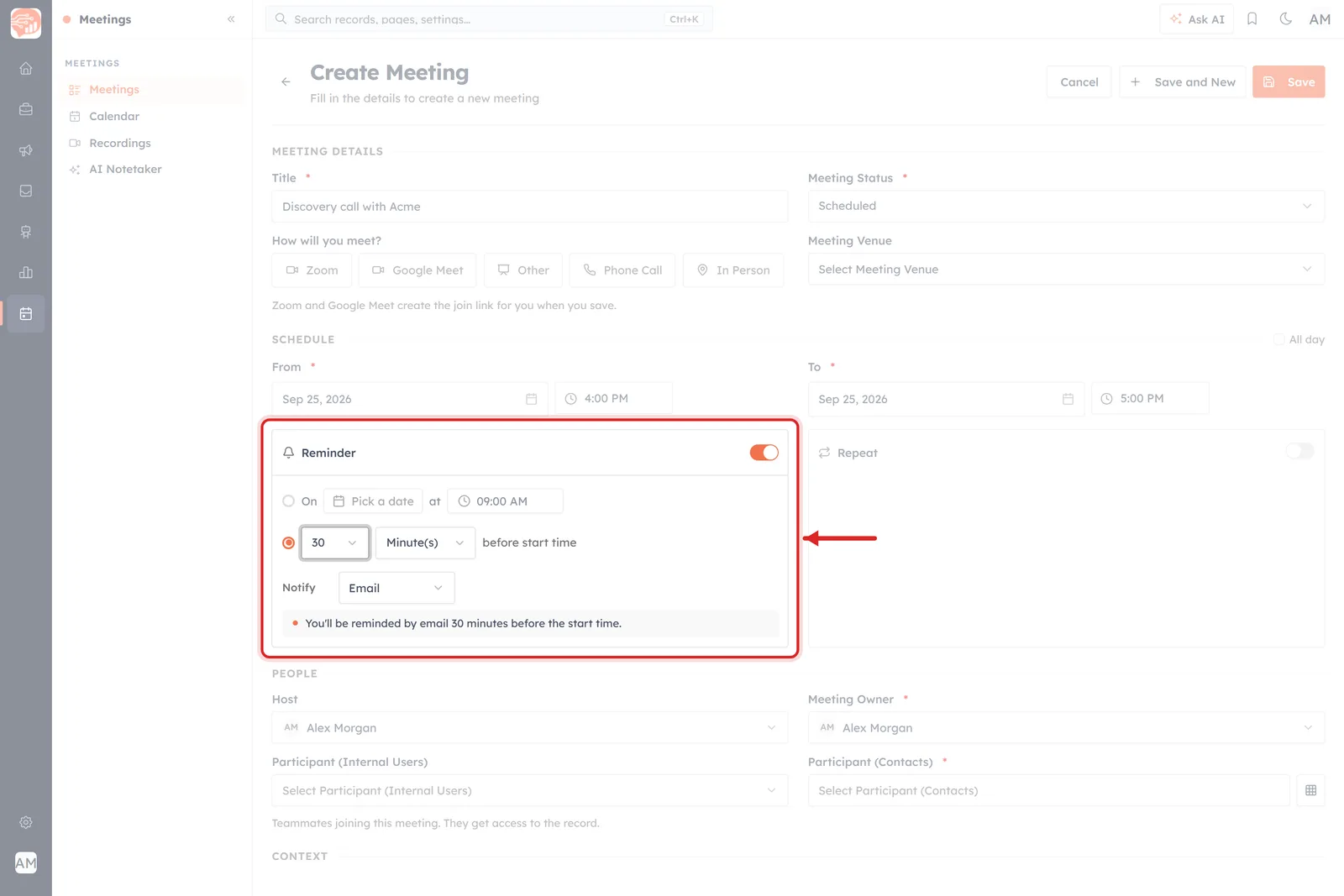 The Create Meeting form with the Reminder panel outlined in red, set to 30 Minute(s) before start time