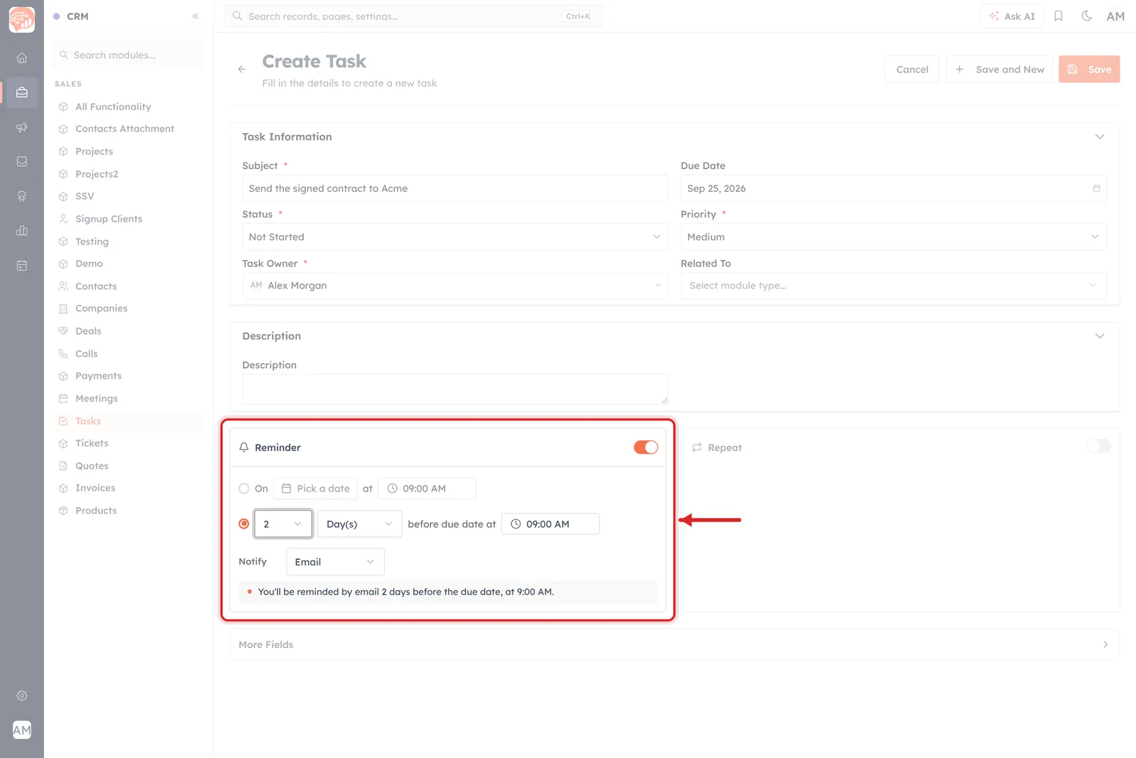 The Create Task form with the Reminder panel outlined in red, set to 2 Day(s) before due date at 09:00 AM
