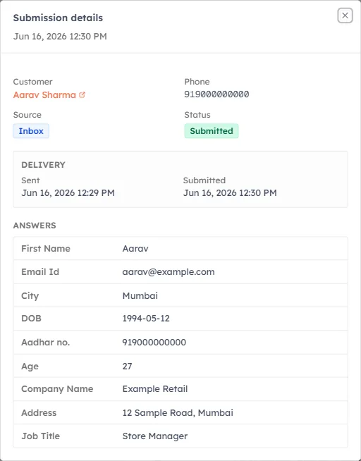 The submission details dialog showing customer, delivery timestamps and every answer