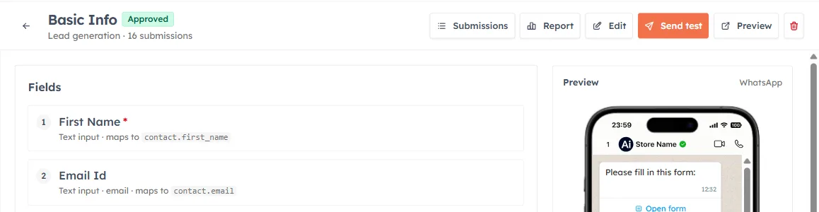 The form detail page header with Submissions, Report, Edit, Send test and Preview buttons