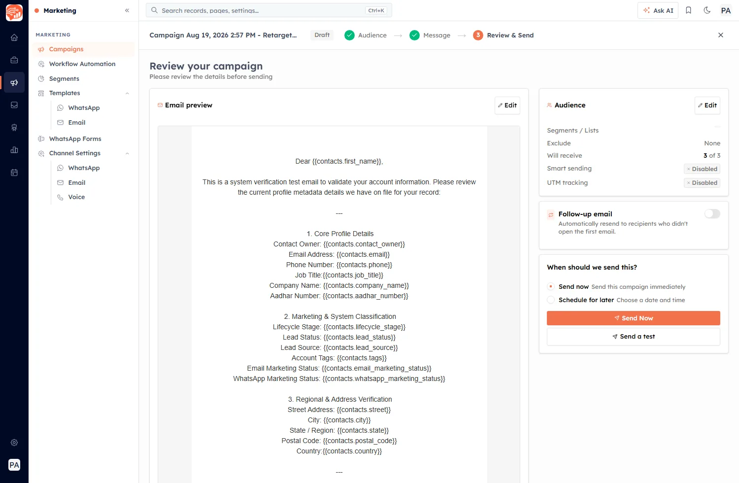 The Review & Send step of the campaign builder