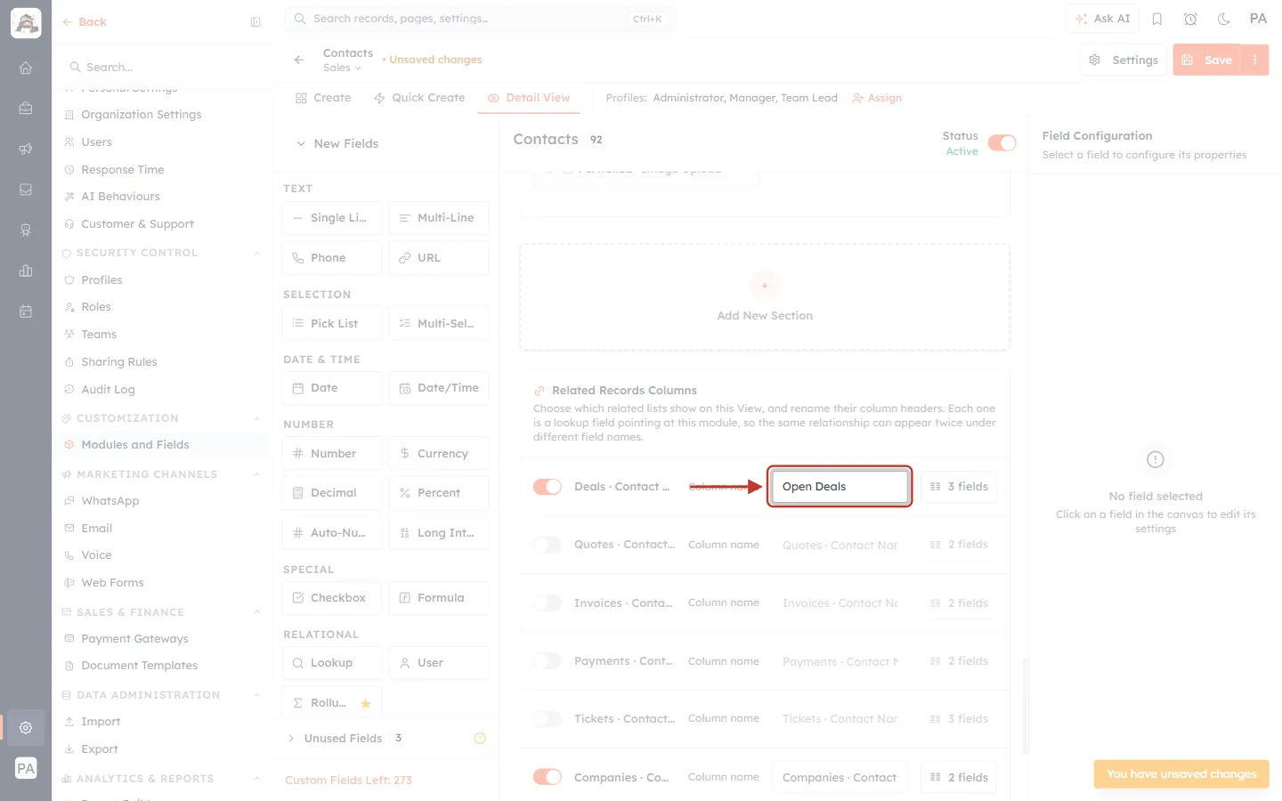 Column name set to Open Deals