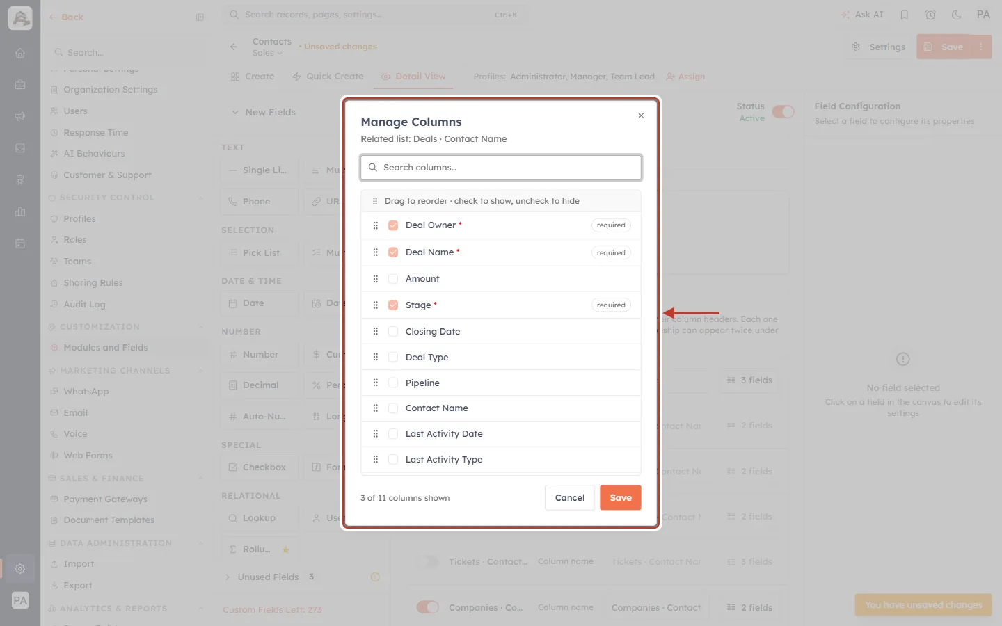The Manage Columns window for Deals