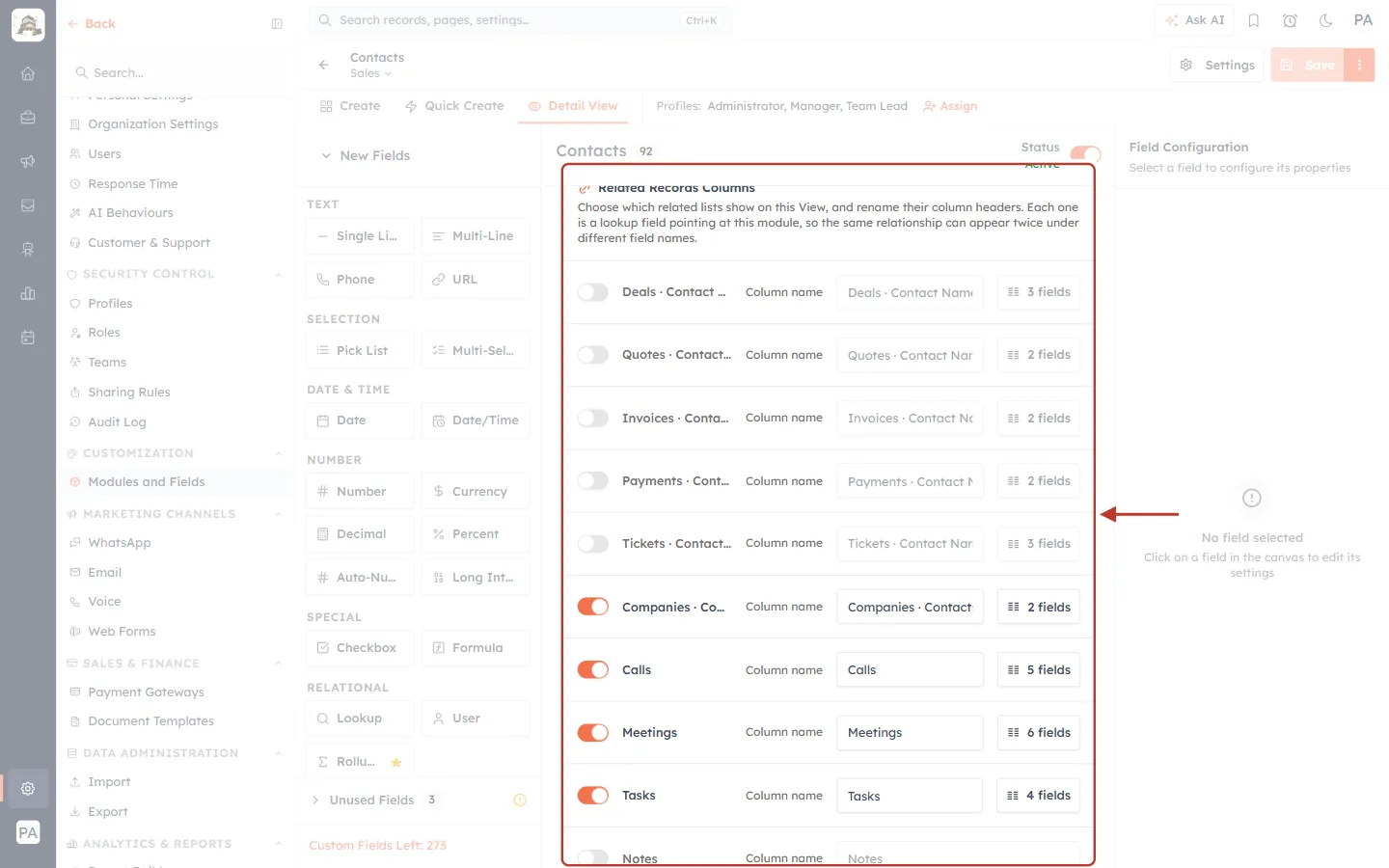 The Related Records Columns panel
