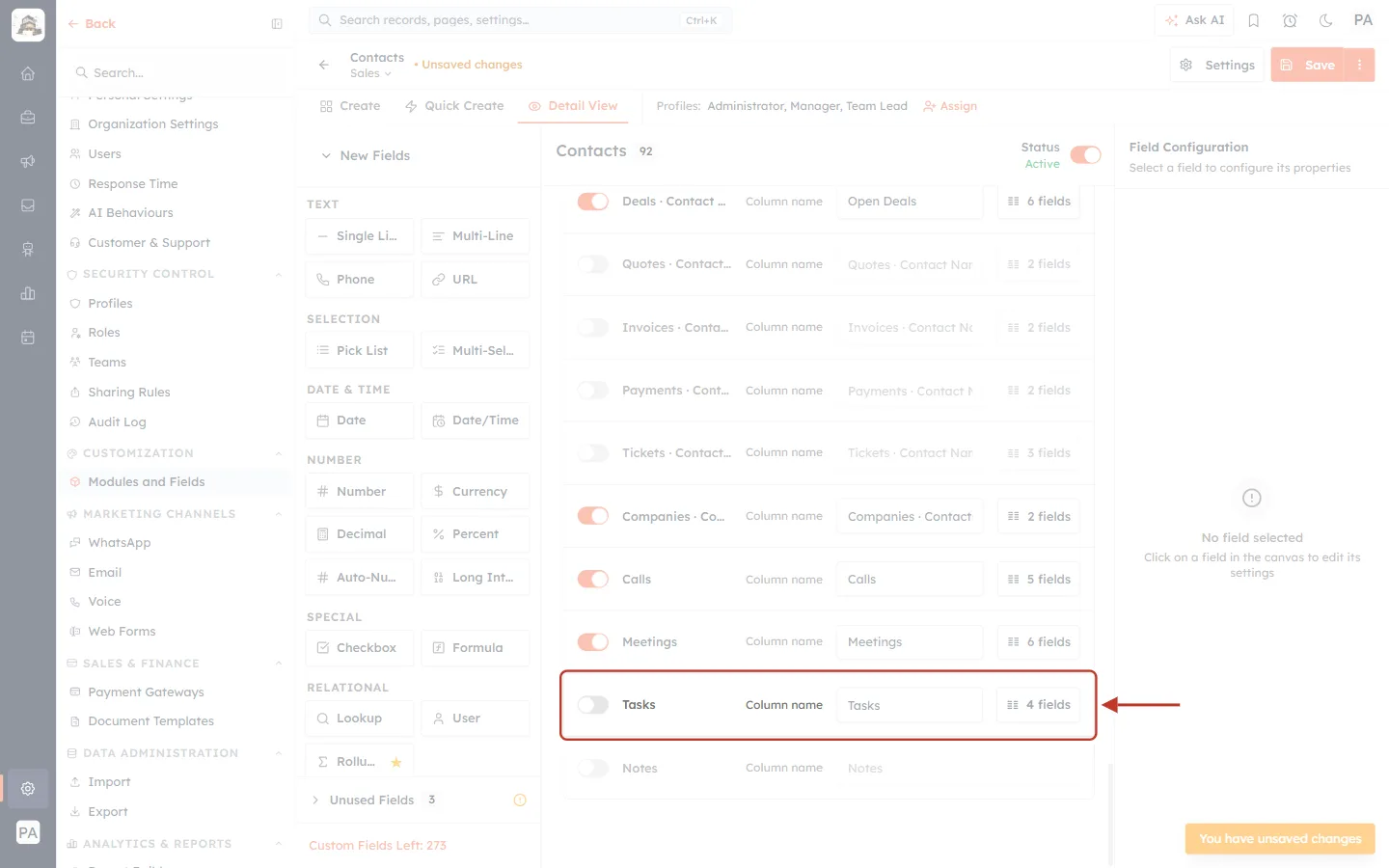 The Tasks row switched off