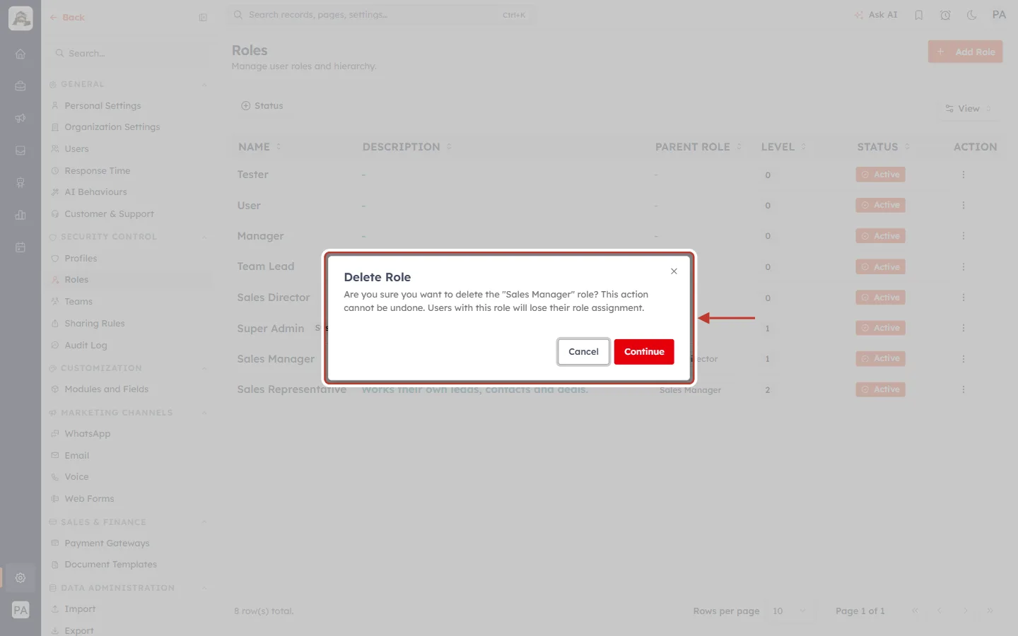 The Delete Role dialog