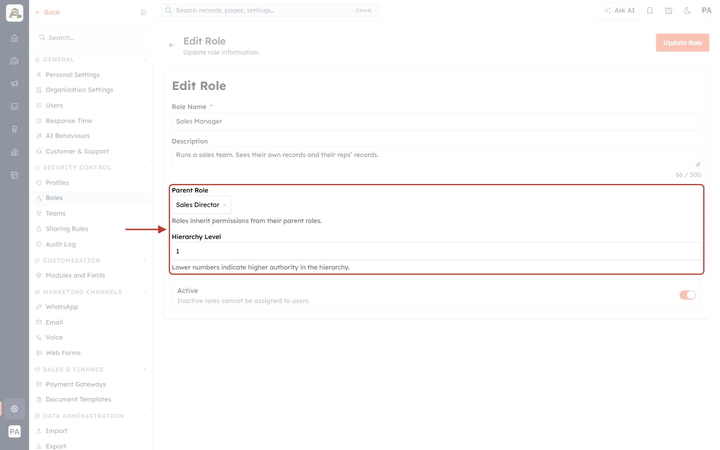 Parent Role and Level on the Edit page