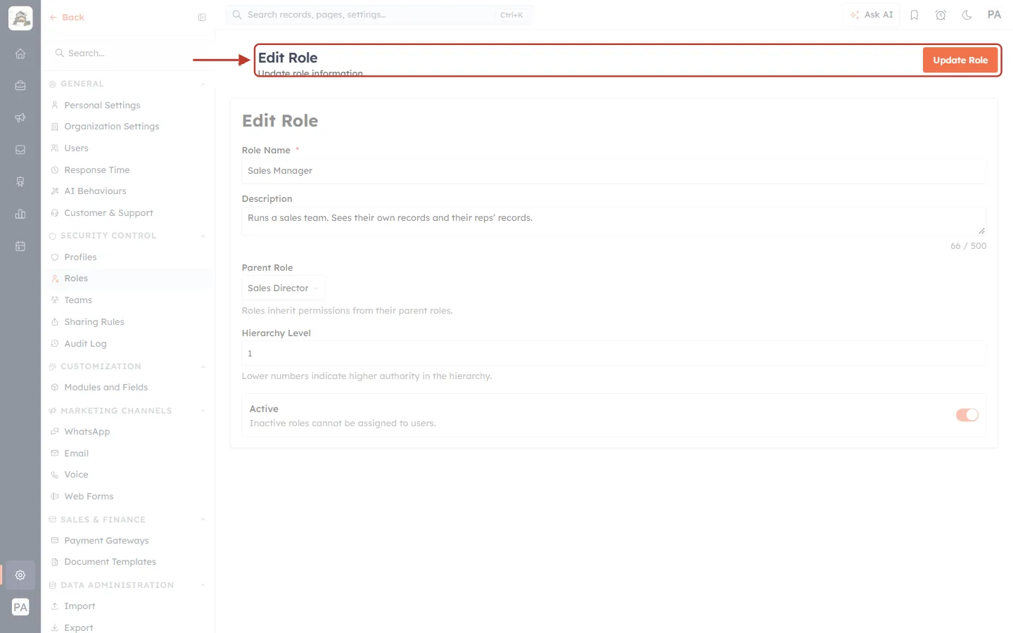 The Edit Role page