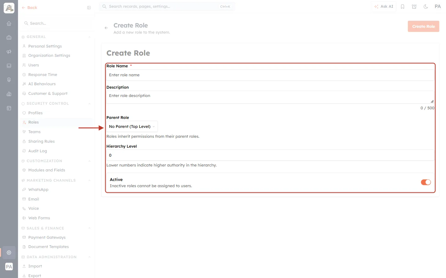 The empty Create Role form