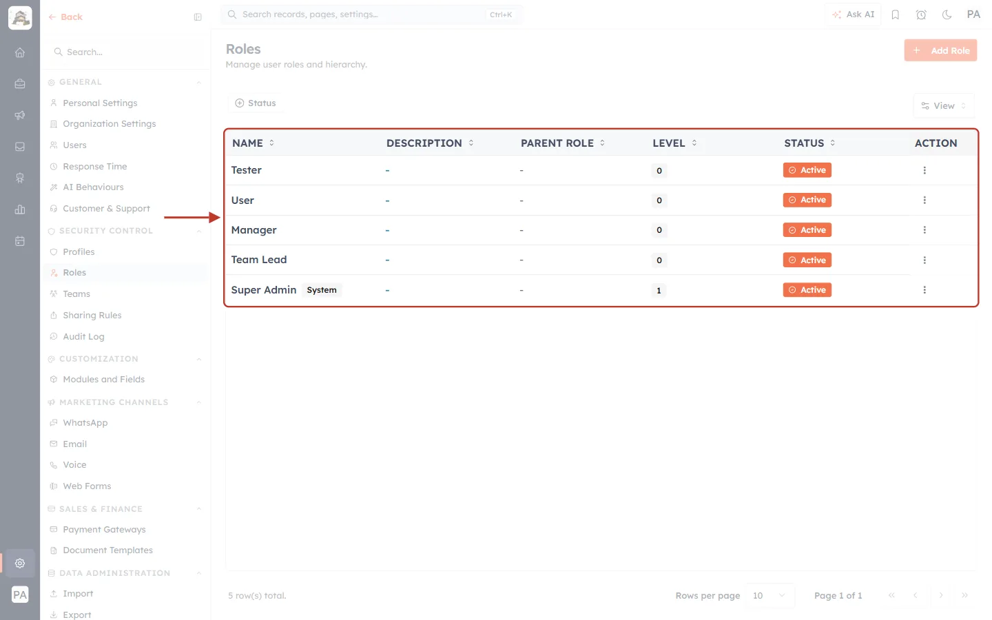 The Roles list before adding roles
