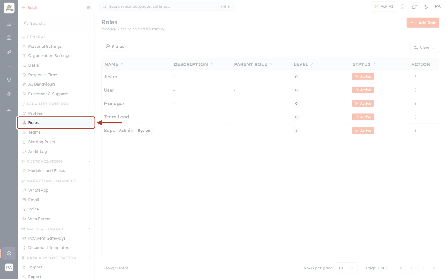Roles in the Settings menu