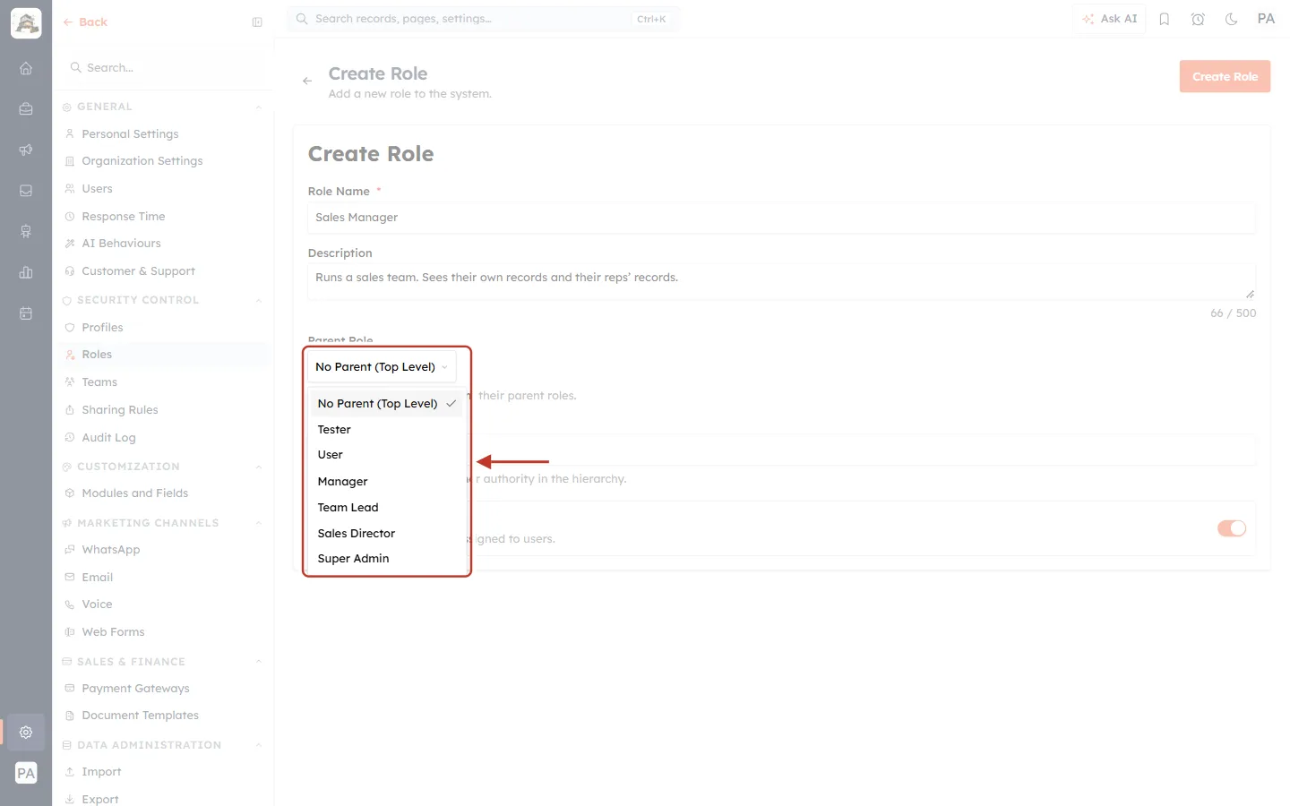 The Parent Role drop-down