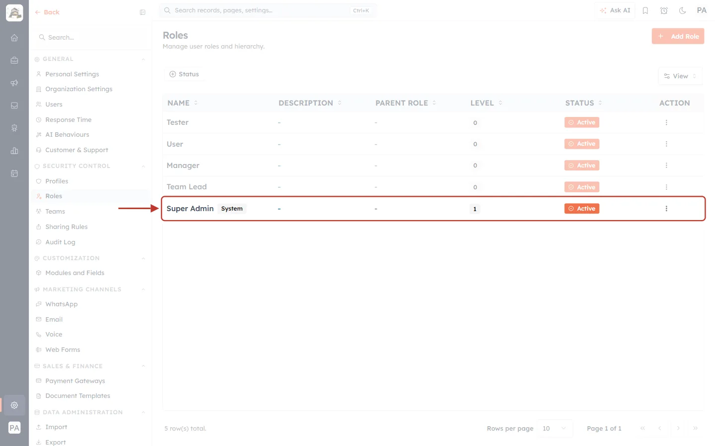 The Super Admin system role