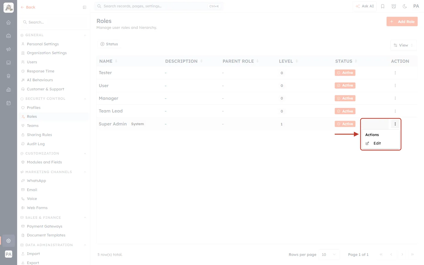 The Super Admin action menu