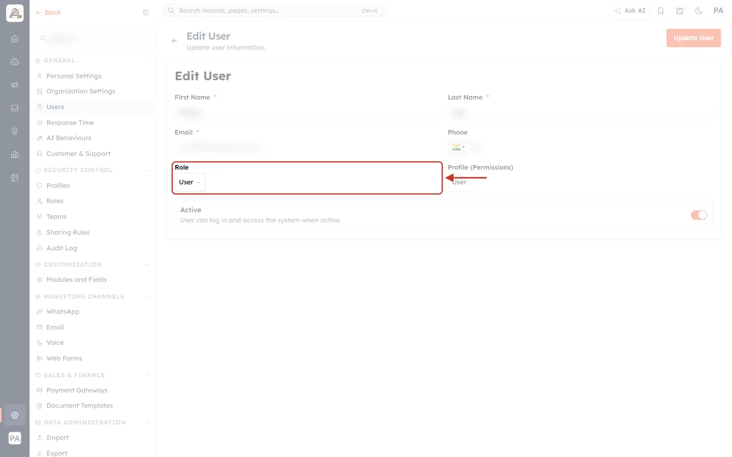 The Role field on Edit User