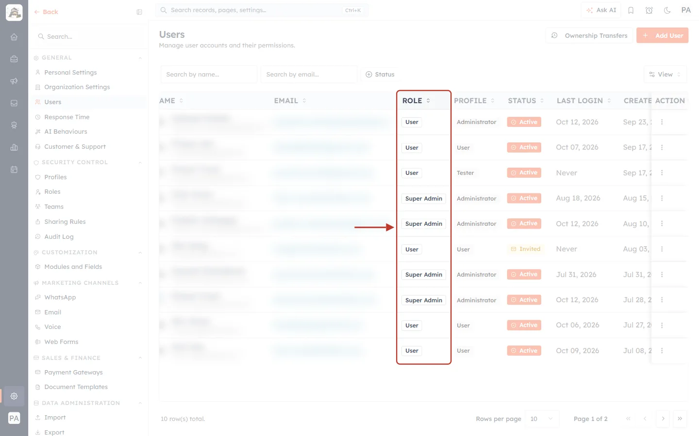 The Role column on the Users list