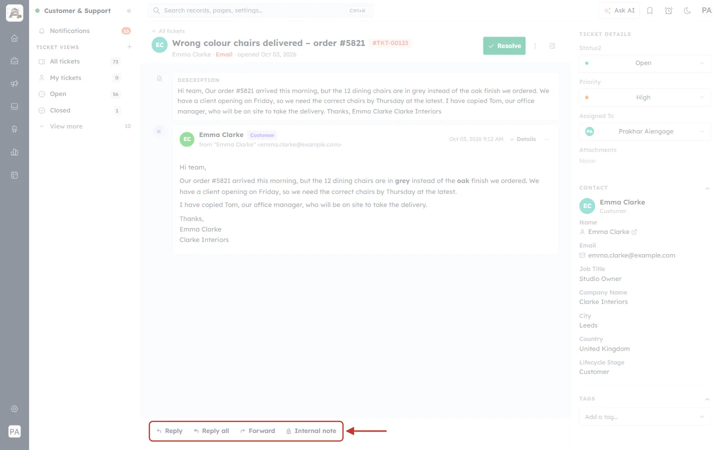 Reply bar on a ticket whose contact has email